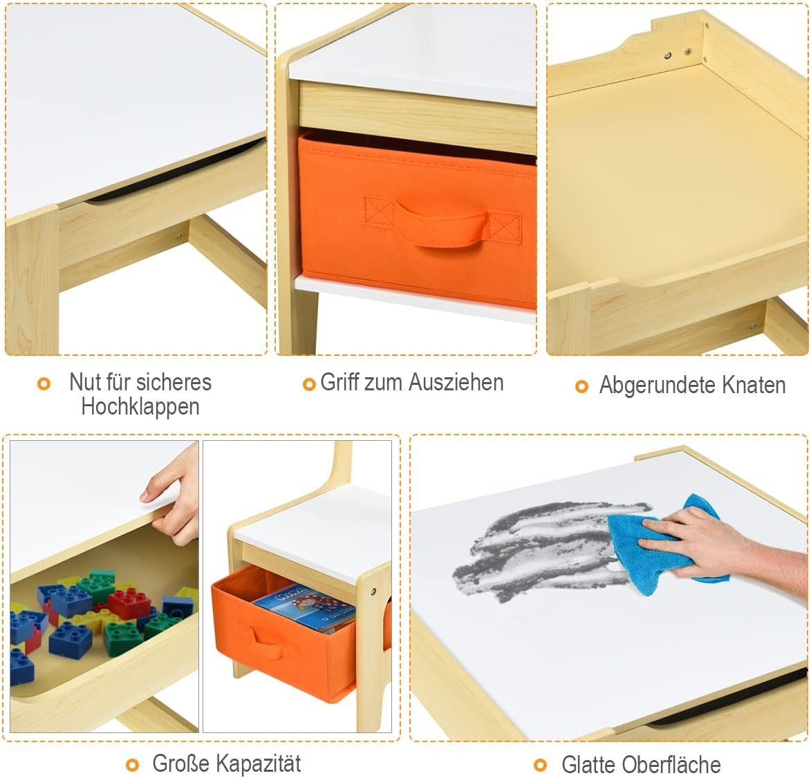 COSTWAY Kindersitzgruppe, 3tlg. Kindertisch mit 2 Stühlen, Stauraum & Tafel – Bild 4 von 5