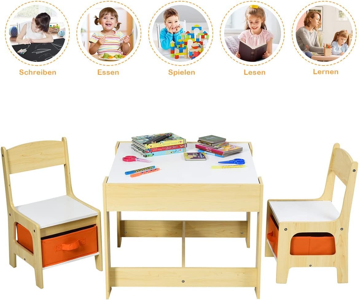 COSTWAY Kindersitzgruppe, 3tlg. Kindertisch mit 2 Stühlen, Stauraum & Tafel – Bild 5 von 5