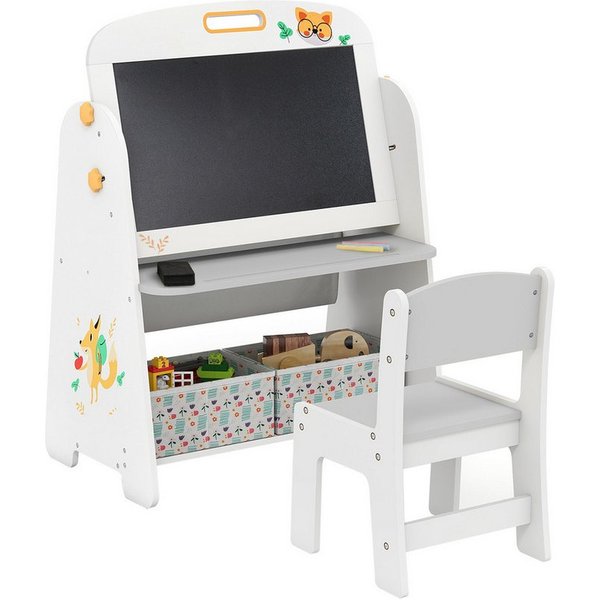 COSTWAY Kindersitzgruppe, (2-tlg), Kindertisch mit 2 Stühlen, 4-in-1 Kunststaffelei