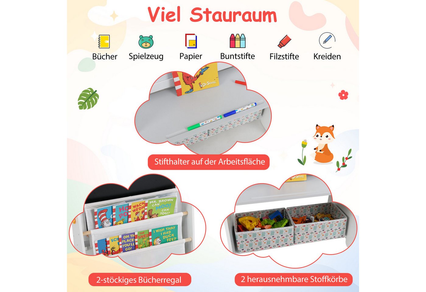 COSTWAY Kindersitzgruppe, (2-tlg), Kindertisch mit 2 Stühlen, 4-in-1 Kunststaffelei – Bild 3 von 5