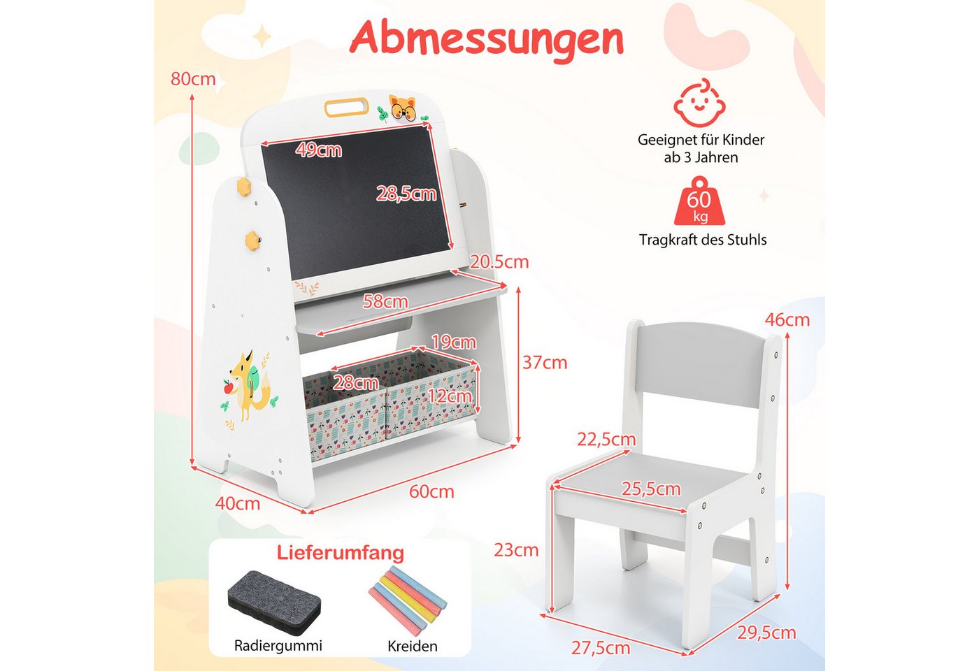 COSTWAY Kindersitzgruppe, (2-tlg), Kindertisch mit 2 Stühlen, 4-in-1 Kunststaffelei – Bild 4 von 5