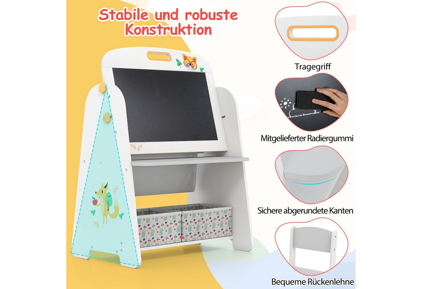 COSTWAY Kindersitzgruppe, (2-tlg), Kindertisch mit 2 Stühlen, 4-in-1 Kunststaffelei – Bild 5 von 5