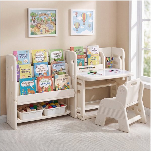COSTWAY Kindersitzgruppe, (2-tlg), 4 in 1 Kindertisch mit Stuhl, Bücherregalen