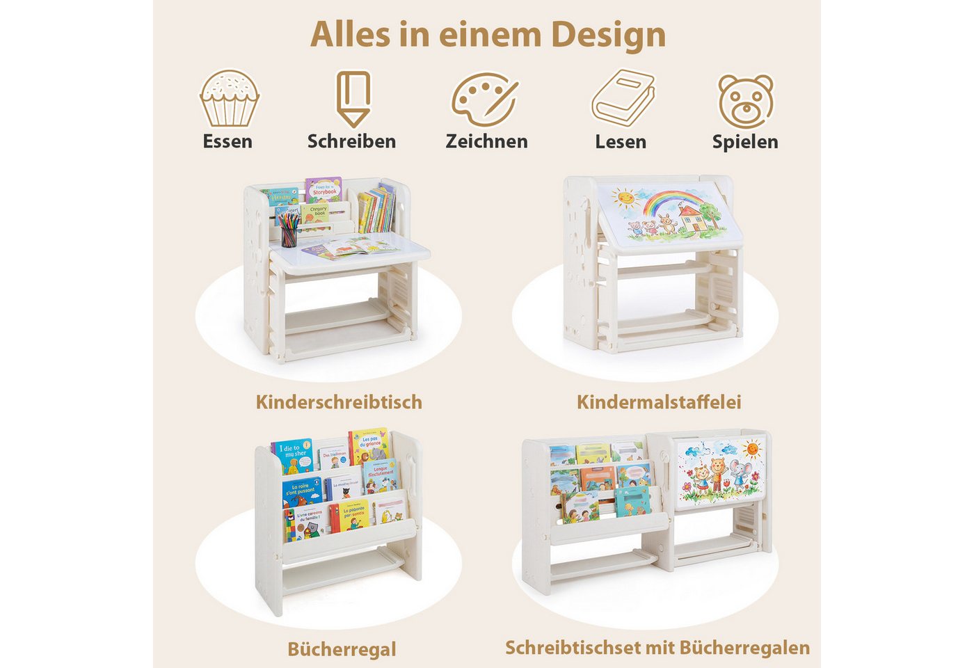 COSTWAY Kindersitzgruppe, (2-tlg), 4 in 1 Kindertisch mit Stuhl, Bücherregalen – Bild 2 von 5