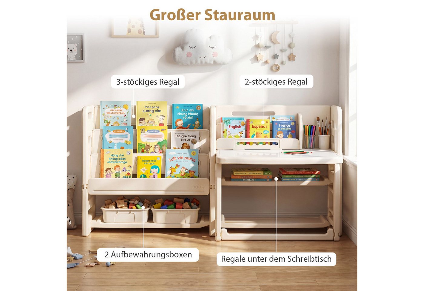 COSTWAY Kindersitzgruppe, (2-tlg), 4 in 1 Kindertisch mit Stuhl, Bücherregalen – Bild 3 von 5
