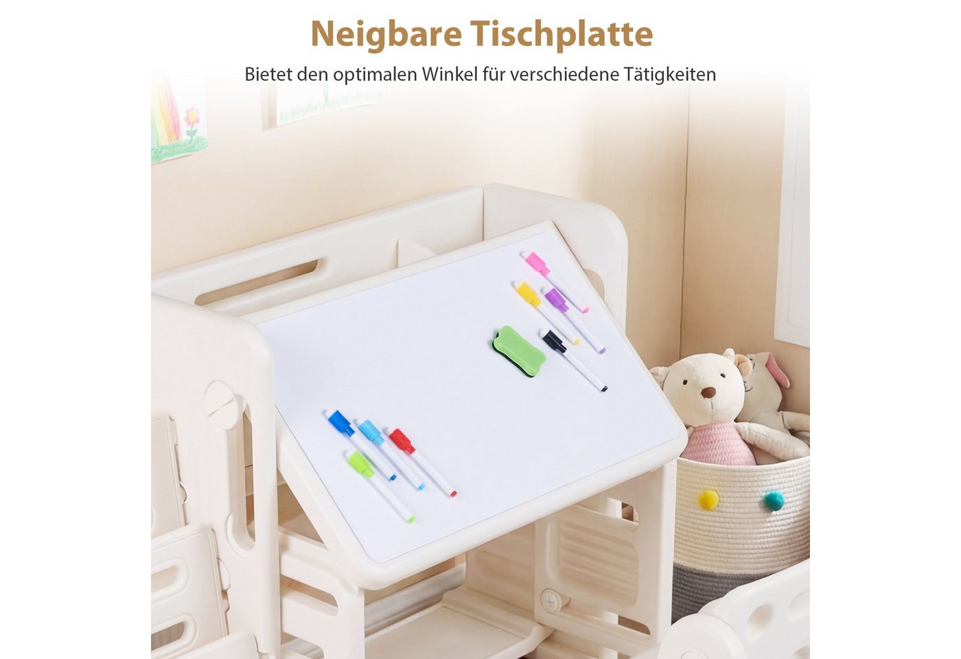 COSTWAY Kindersitzgruppe, (2-tlg), 4 in 1 Kindertisch mit Stuhl, Bücherregalen – Bild 4 von 5