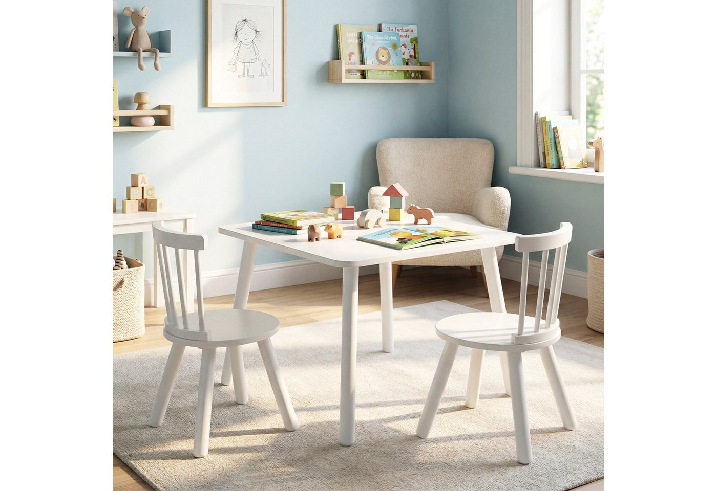COSTWAY Kindersitzgruppe, (3-tlg), Kindertisch und 2 Stühle Set, Holz – Bild 2 von 5
