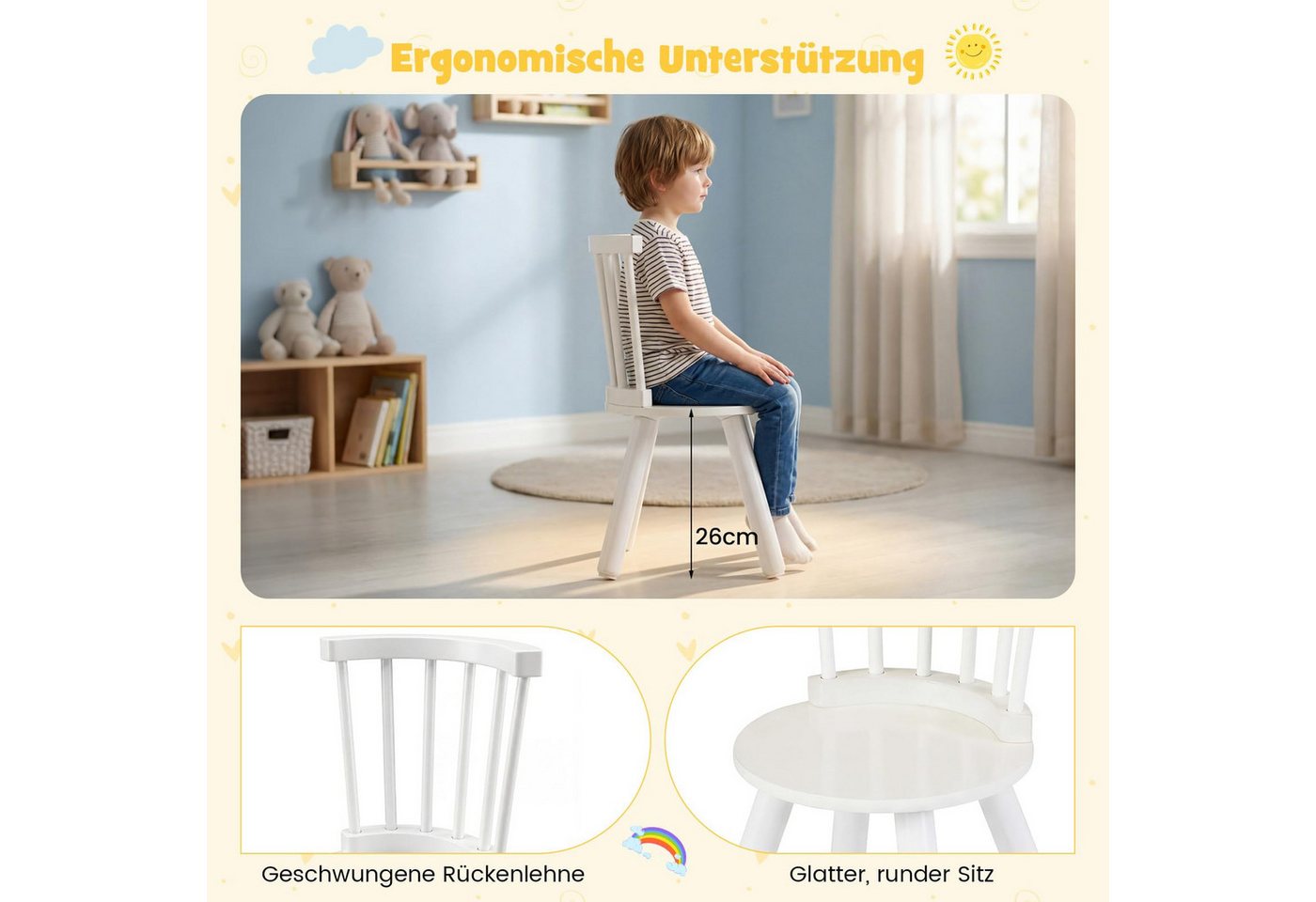 COSTWAY Kindersitzgruppe, (3-tlg), Kindertisch und 2 Stühle Set, Holz – Bild 4 von 5