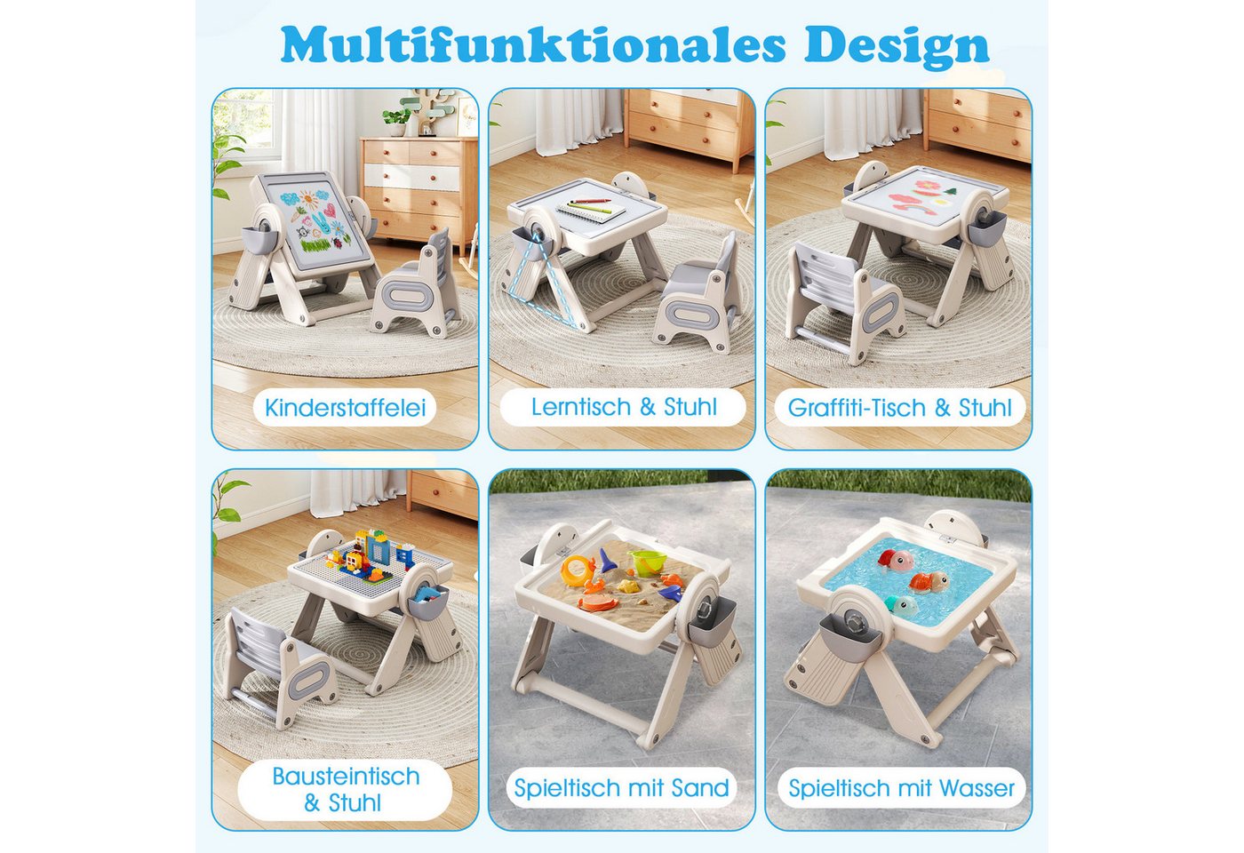 COSTWAY Kindersitzgruppe, (2-tlg), 6-in-1 Kindertisch Set mit Stuhl, klappbar – Bild 3 von 5