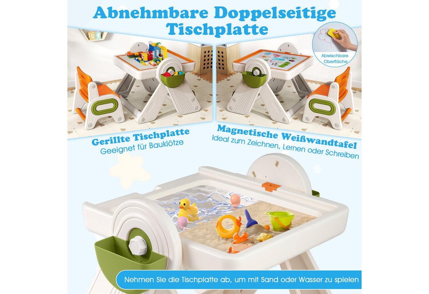 COSTWAY Kindersitzgruppe, (2-tlg), 6-in-1 Kindertisch Set mit Stuhl, klappbar – Bild 2 von 5