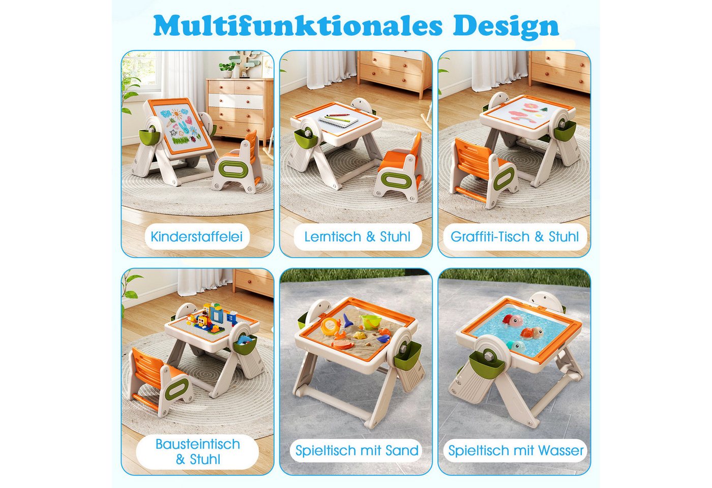 COSTWAY Kindersitzgruppe, (2-tlg), 6-in-1 Kindertisch Set mit Stuhl, klappbar – Bild 3 von 5