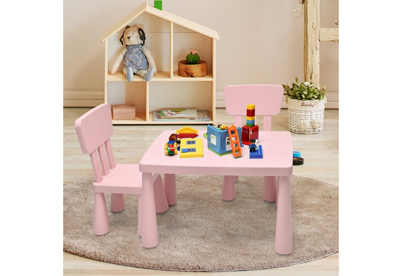 COSTWAY Kindersitzgruppe 3 TLG. Kindermöbel, (Kindertisch mit 2 Stühlen) – Bild 2 von 5