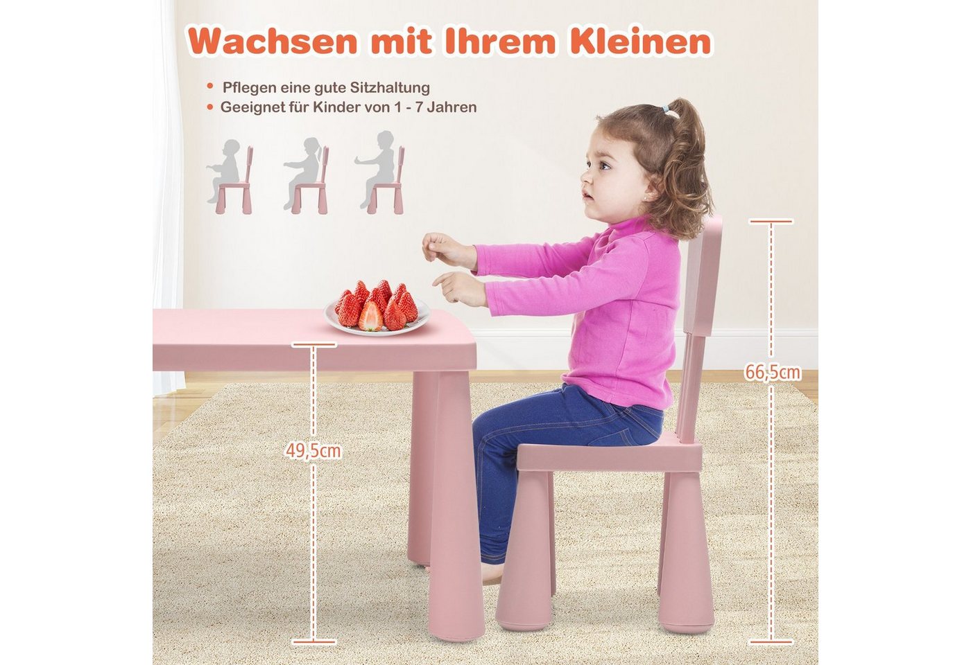 COSTWAY Kindersitzgruppe 3 TLG. Kindermöbel, (Kindertisch mit 2 Stühlen) – Bild 3 von 5