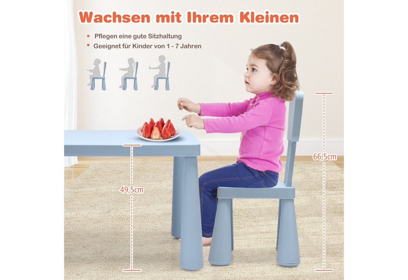 COSTWAY Kindersitzgruppe 3 TLG. Kindermöbel, (Kindertisch mit 2 Stühlen) – Bild 3 von 5