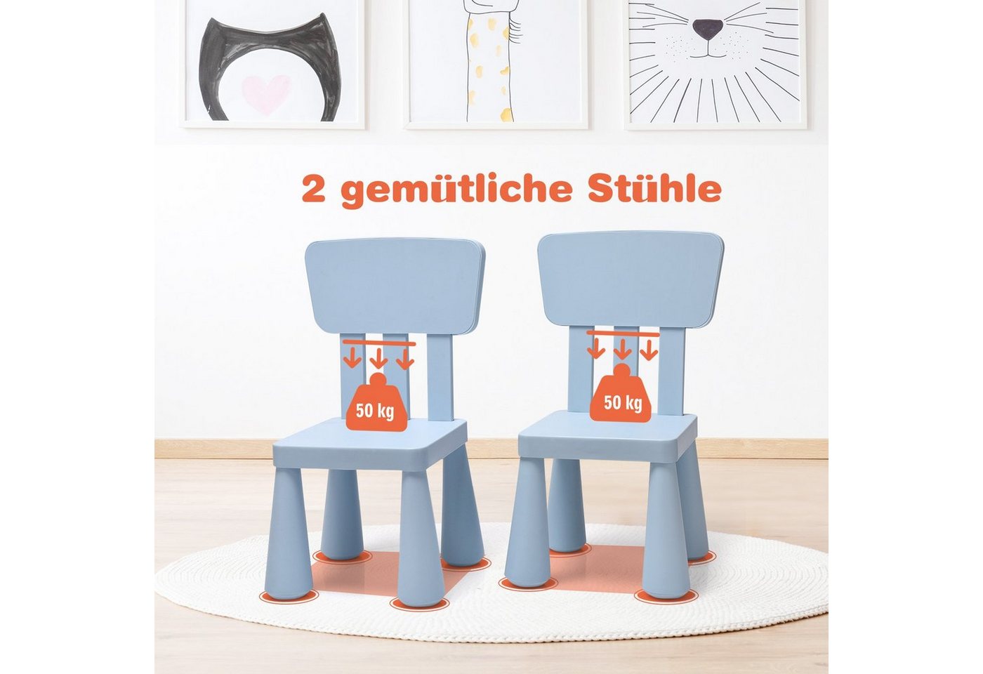 COSTWAY Kindersitzgruppe 3 TLG. Kindermöbel, (Kindertisch mit 2 Stühlen) – Bild 5 von 5