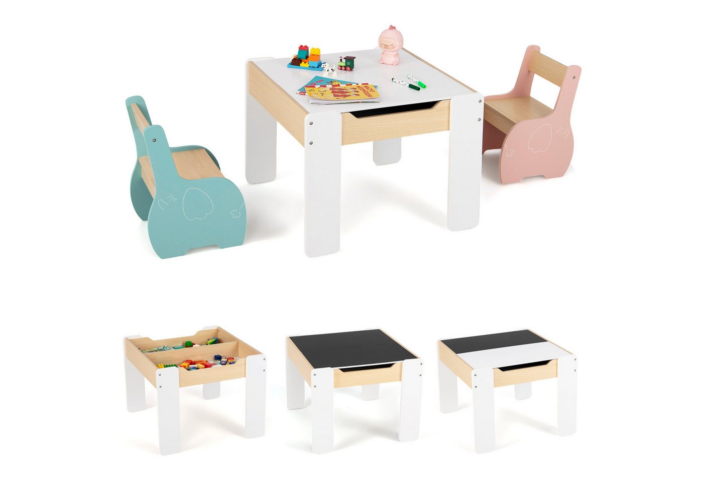 COSTWAY Kindersitzgruppe 3tlg. Kindertisch, aus Holz, mit 2 Stühlen – Bild 2 von 5