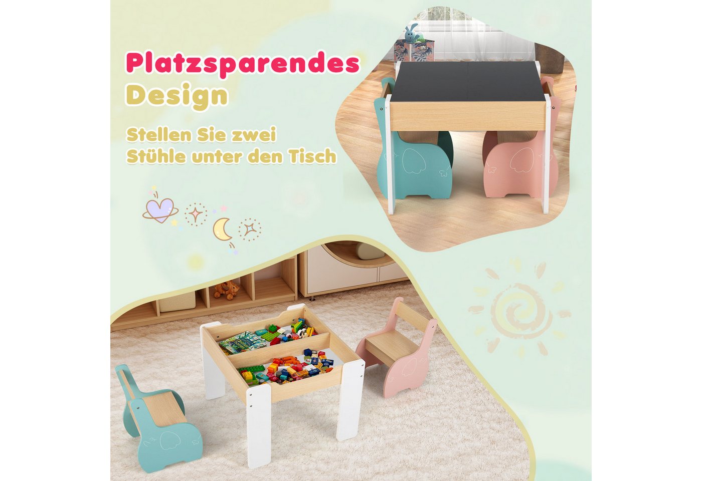 COSTWAY Kindersitzgruppe 3tlg. Kindertisch, aus Holz, mit 2 Stühlen – Bild 3 von 5
