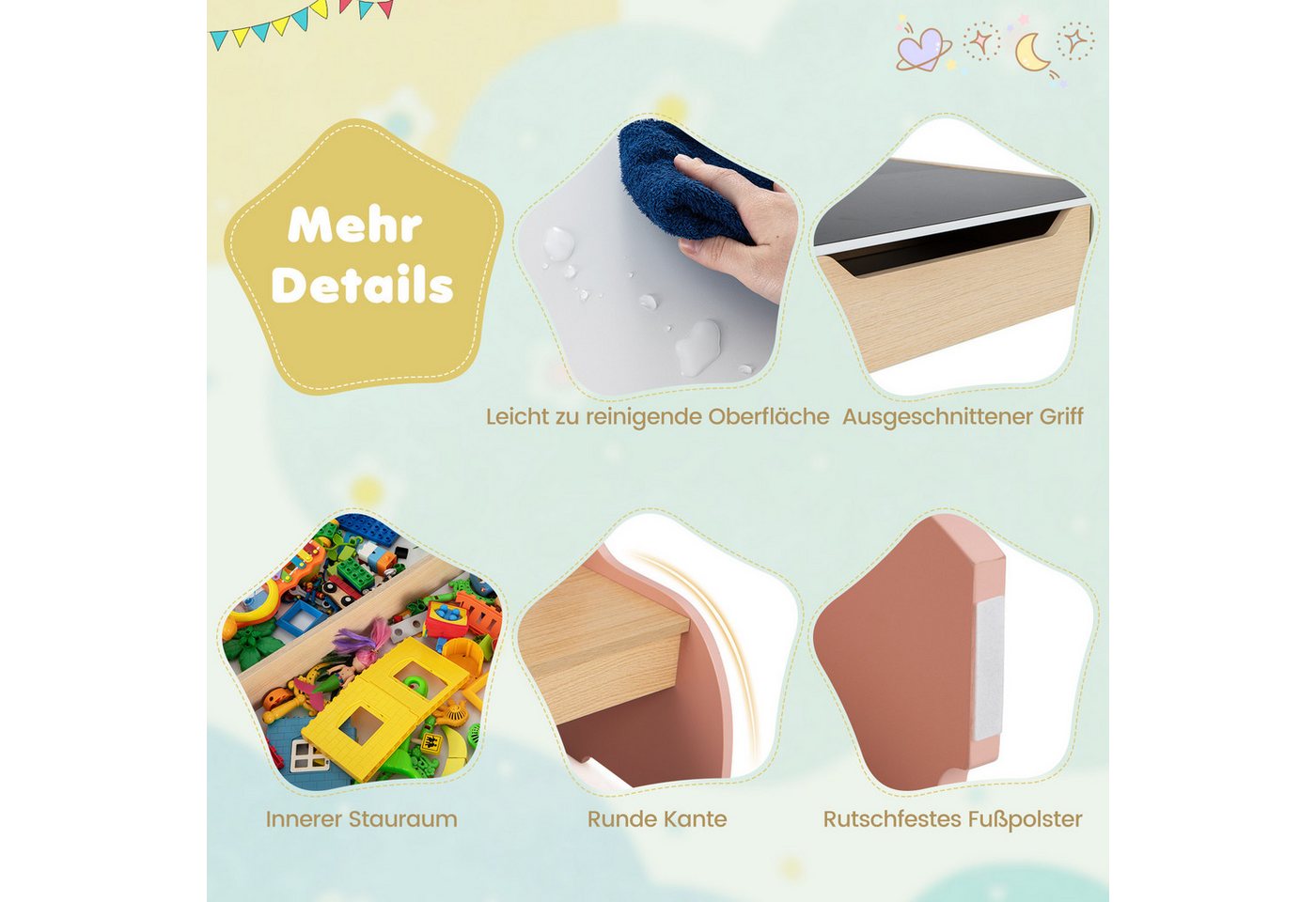 COSTWAY Kindersitzgruppe 3tlg. Kindertisch, aus Holz, mit 2 Stühlen – Bild 4 von 5