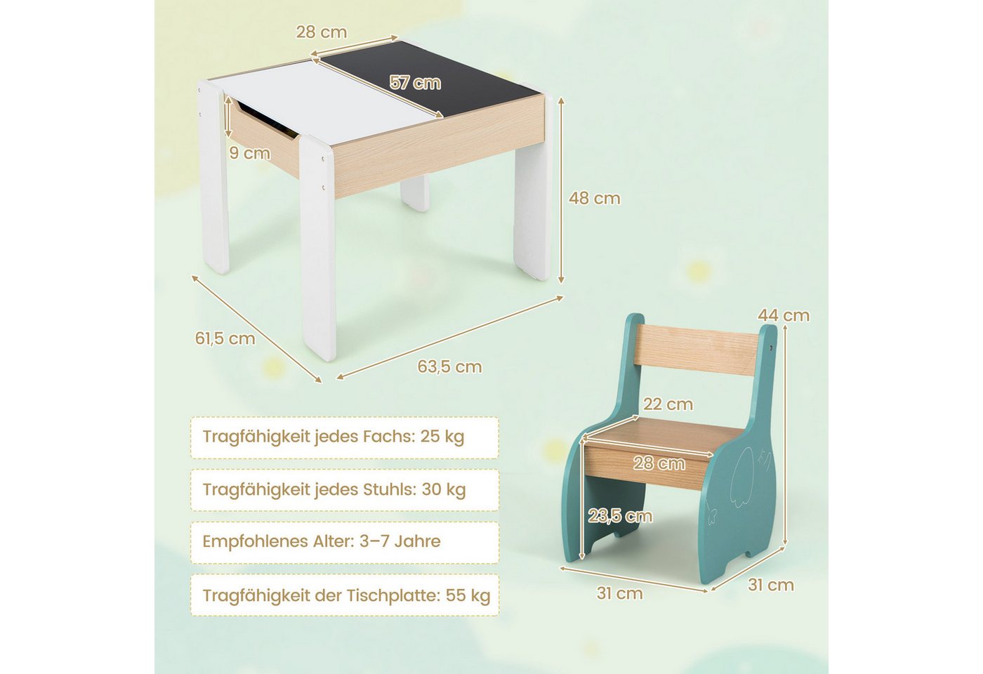 COSTWAY Kindersitzgruppe 3tlg. Kindertisch, aus Holz, mit 2 Stühlen – Bild 5 von 5