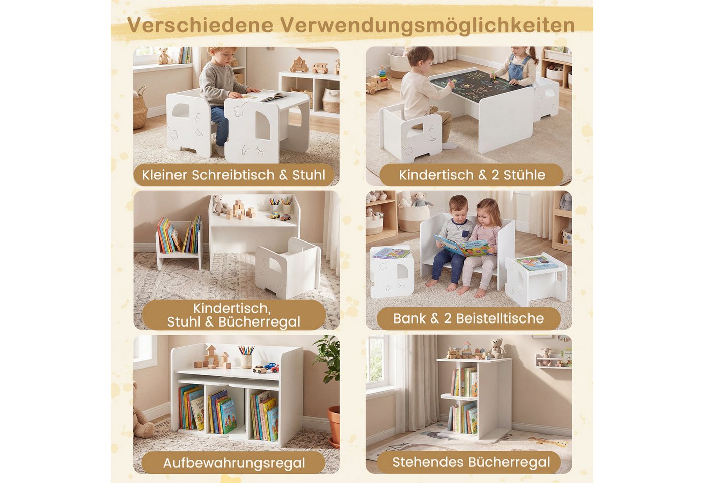 COSTWAY Kindersitzgruppe, (3-tlg), Spieltisch mit 2 Stühlen, Tafel, ab 3 Jahren – Bild 2 von 5