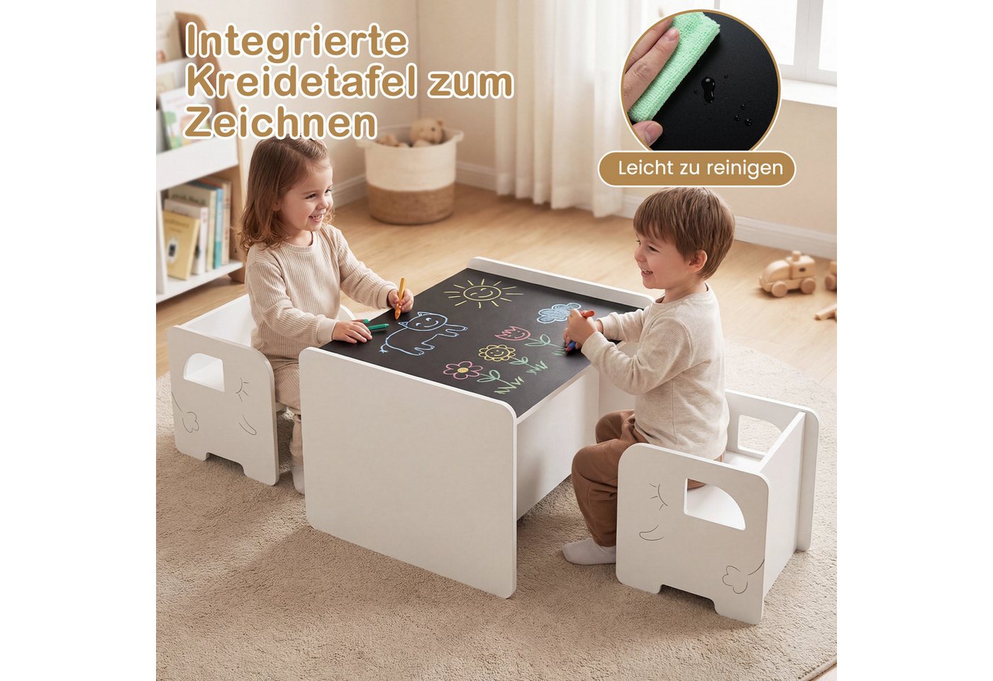 COSTWAY Kindersitzgruppe, (3-tlg), Spieltisch mit 2 Stühlen, Tafel, ab 3 Jahren – Bild 3 von 5