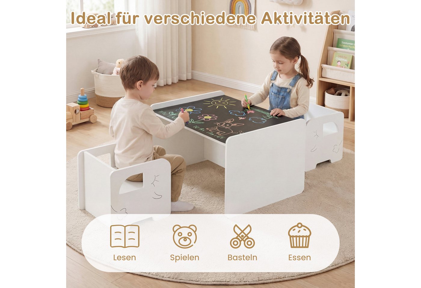 COSTWAY Kindersitzgruppe, (3-tlg), Spieltisch mit 2 Stühlen, Tafel, ab 3 Jahren – Bild 5 von 5