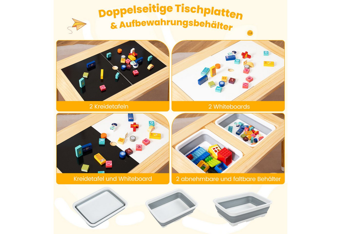 COSTWAY Kindersitzgruppe, (3-tlg), Spieltisch mit 2 Hockern & 2 Behältern – Bild 2 von 5
