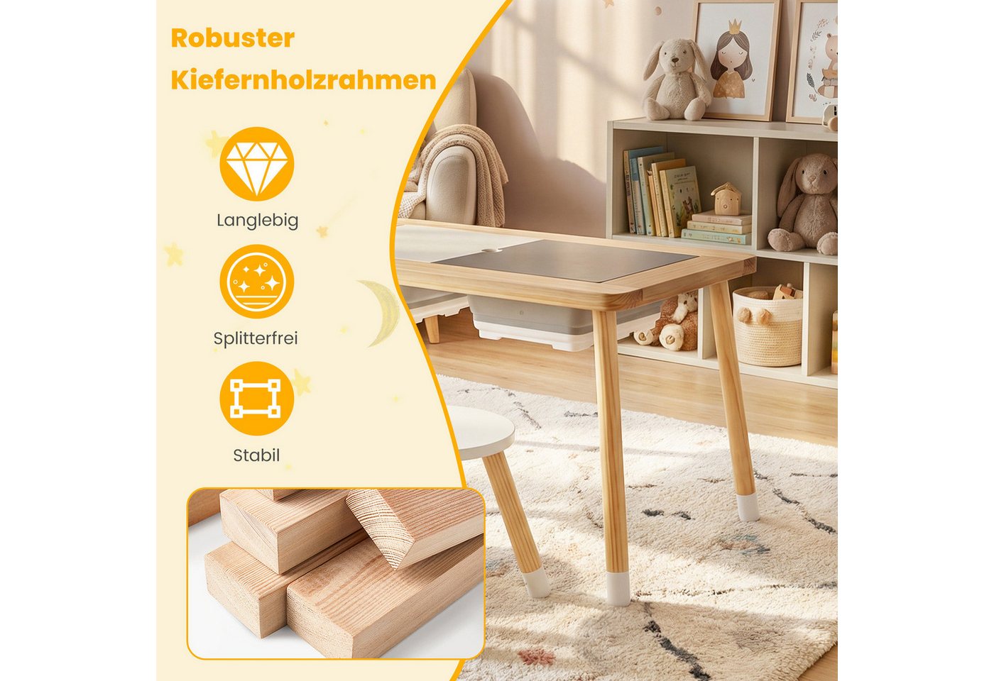 COSTWAY Kindersitzgruppe, (3-tlg), Spieltisch mit 2 Hockern & 2 Behältern – Bild 3 von 5