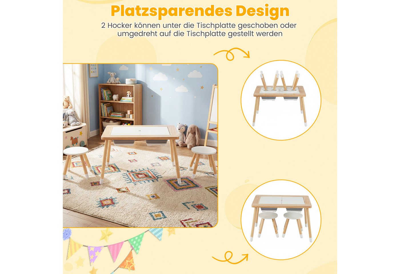 COSTWAY Kindersitzgruppe, (3-tlg), Spieltisch mit 2 Hockern & 2 Behältern – Bild 4 von 5