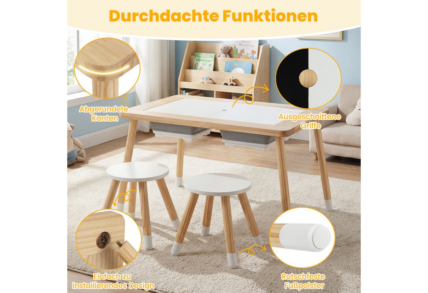 COSTWAY Kindersitzgruppe, (3-tlg), Spieltisch mit 2 Hockern & 2 Behältern – Bild 5 von 5