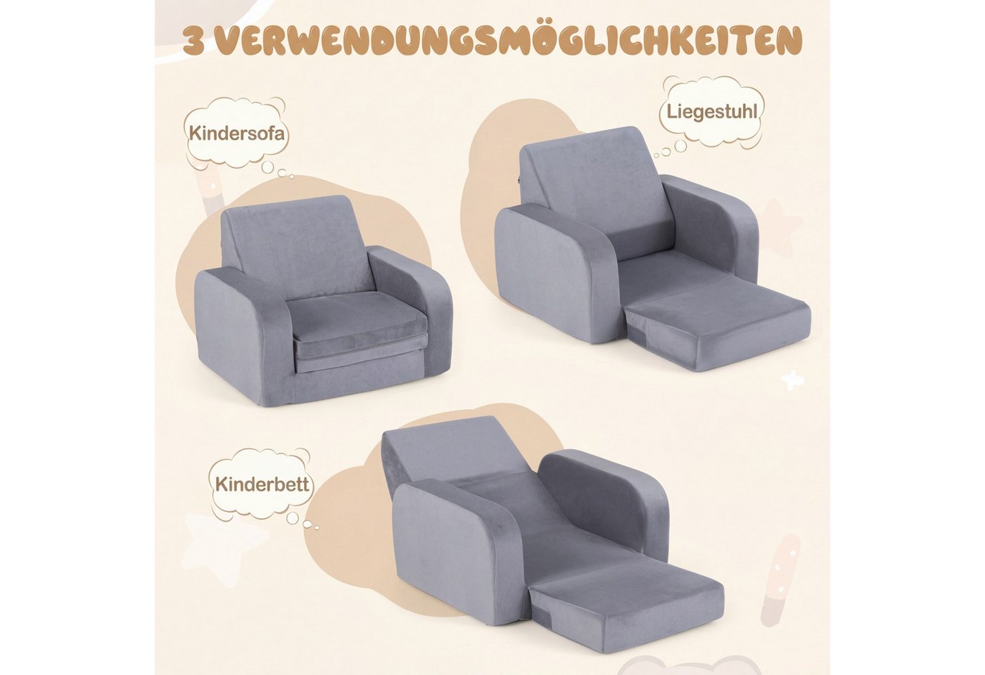 COSTWAY Kindersofa, 3 in 1 Kindersessel ausklappbar mit Schlaffunktion, Bezug – Bild 2 von 5