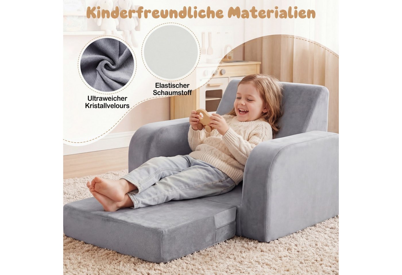 COSTWAY Kindersofa, 3 in 1 Kindersessel ausklappbar mit Schlaffunktion, Bezug – Bild 3 von 5
