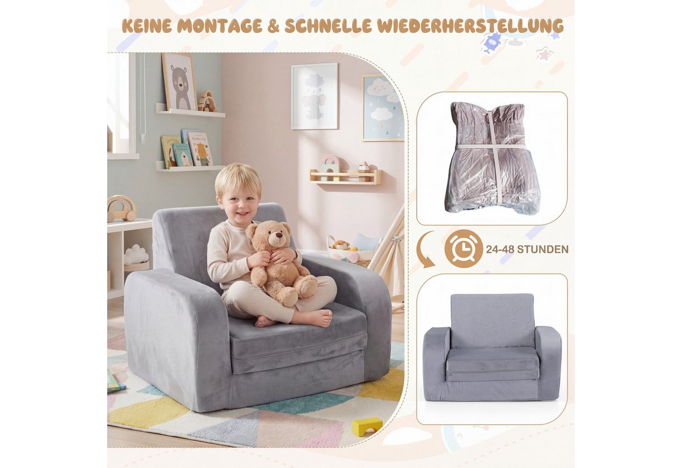 COSTWAY Kindersofa, 3 in 1 Kindersessel ausklappbar mit Schlaffunktion, Bezug – Bild 5 von 5