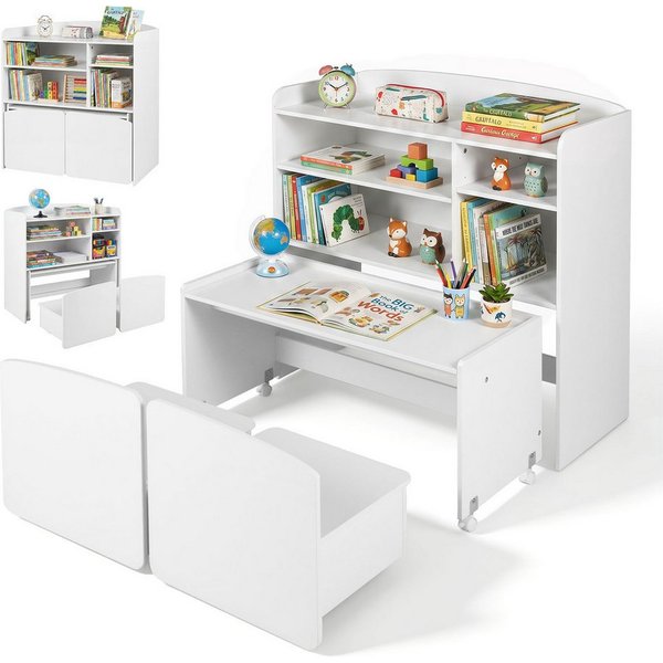 COSTWAY Kindertisch (4-St), 3 in 1 Kinderregal mit Tisch auf Rollen, 2 Stuhl