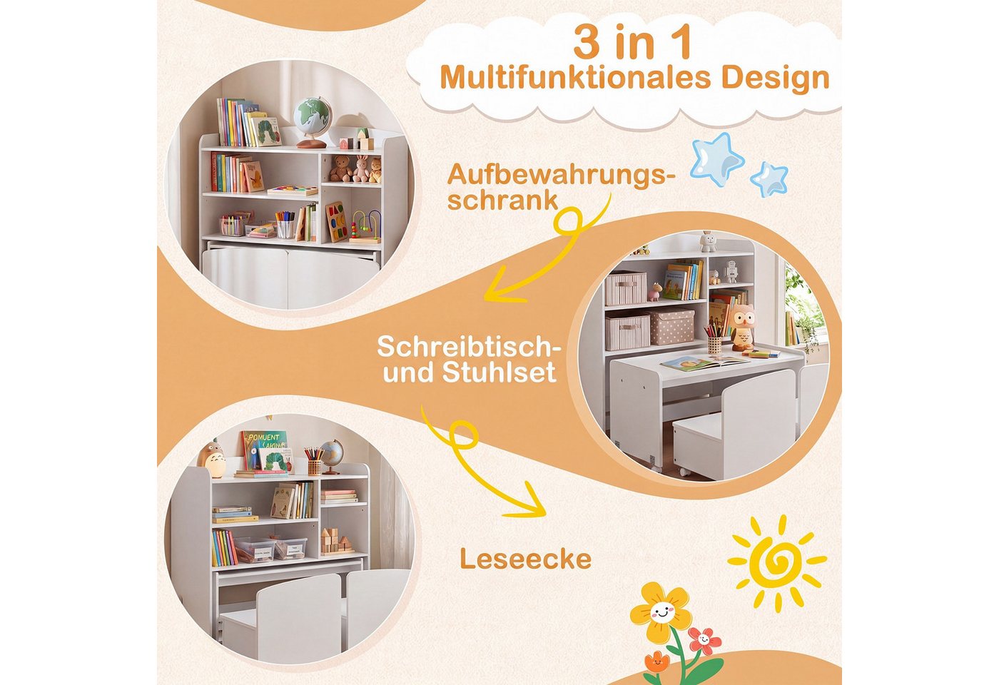 COSTWAY Kindertisch (4-St), 3 in 1 Kinderregal mit Tisch auf Rollen, 2 Stuhl – Bild 2 von 5