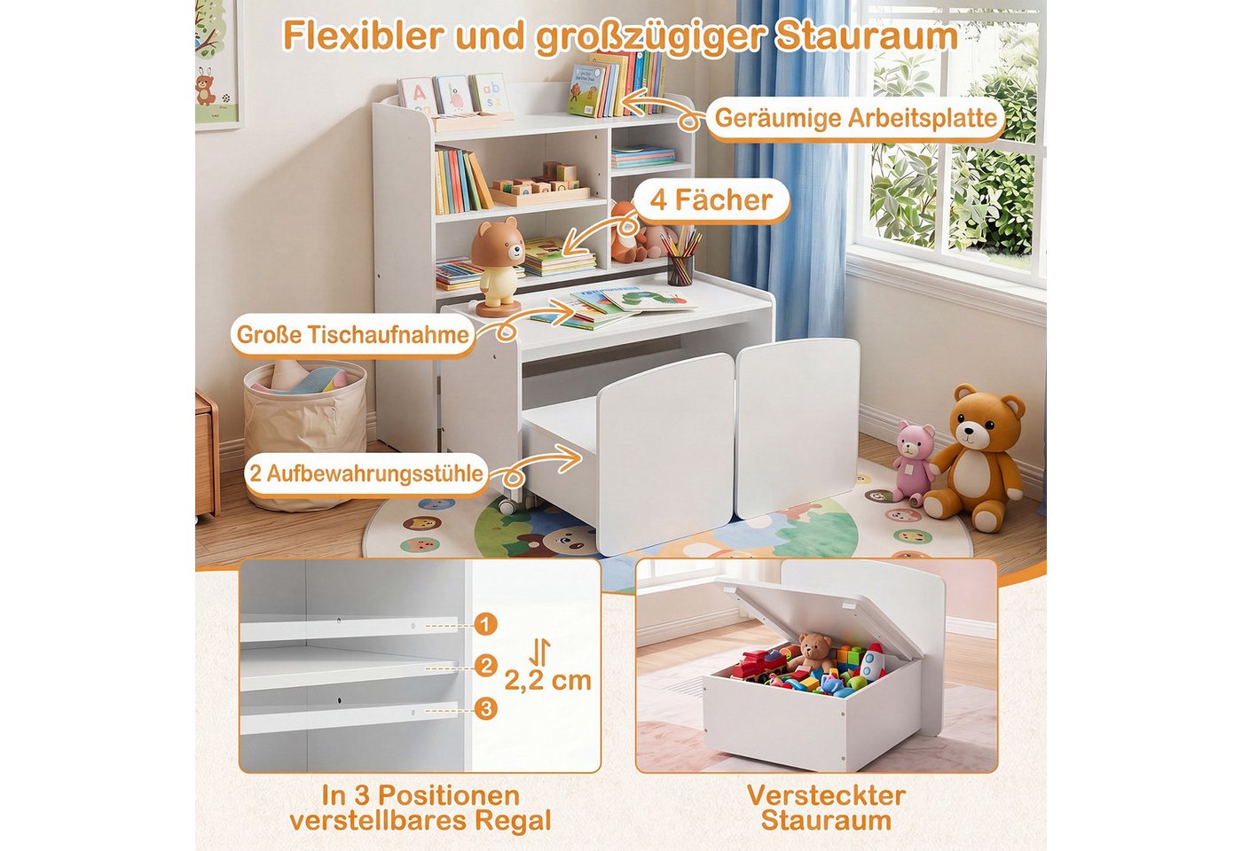 COSTWAY Kindertisch (4-St), 3 in 1 Kinderregal mit Tisch auf Rollen, 2 Stuhl – Bild 3 von 5
