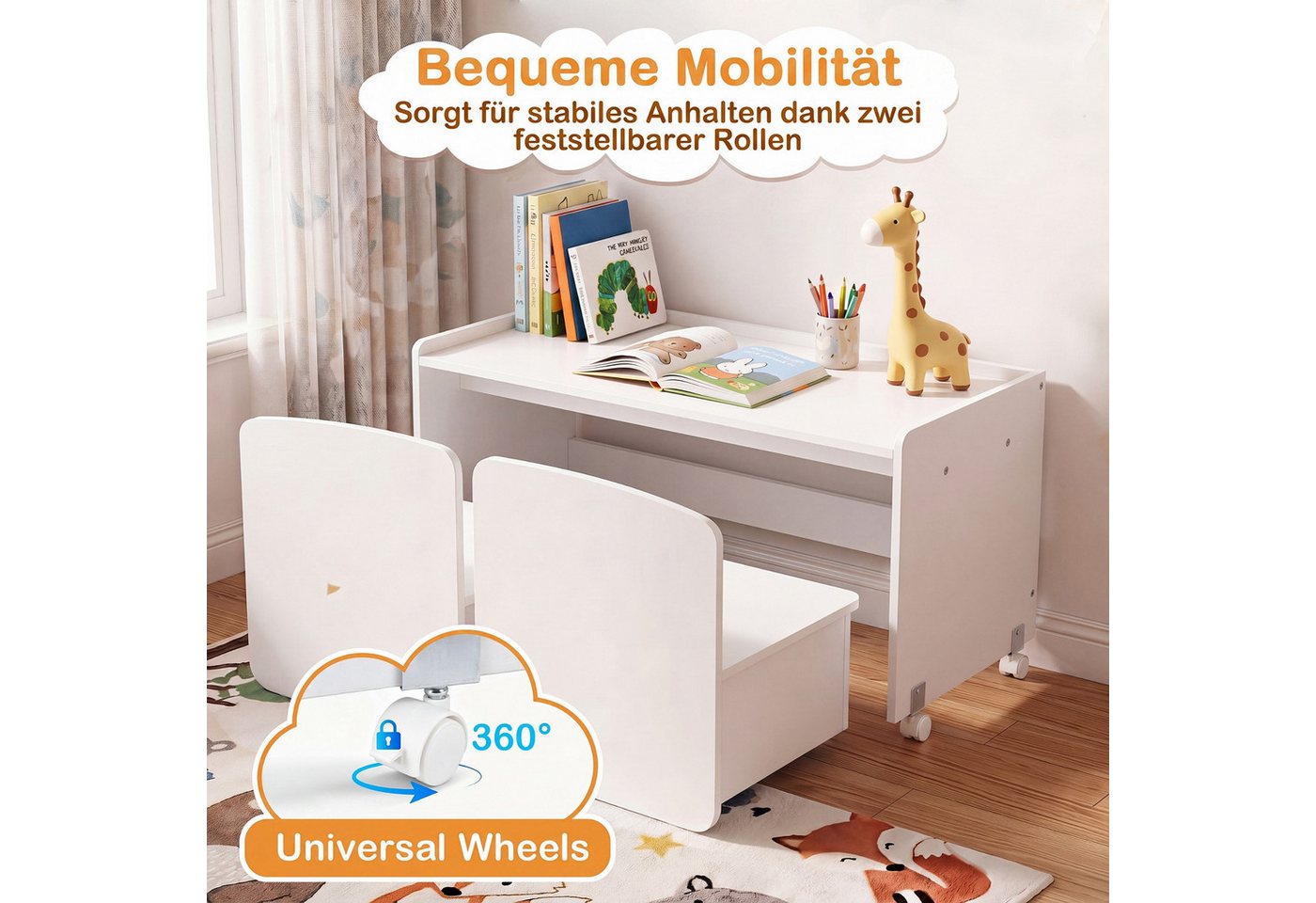 COSTWAY Kindertisch (4-St), 3 in 1 Kinderregal mit Tisch auf Rollen, 2 Stuhl – Bild 4 von 5