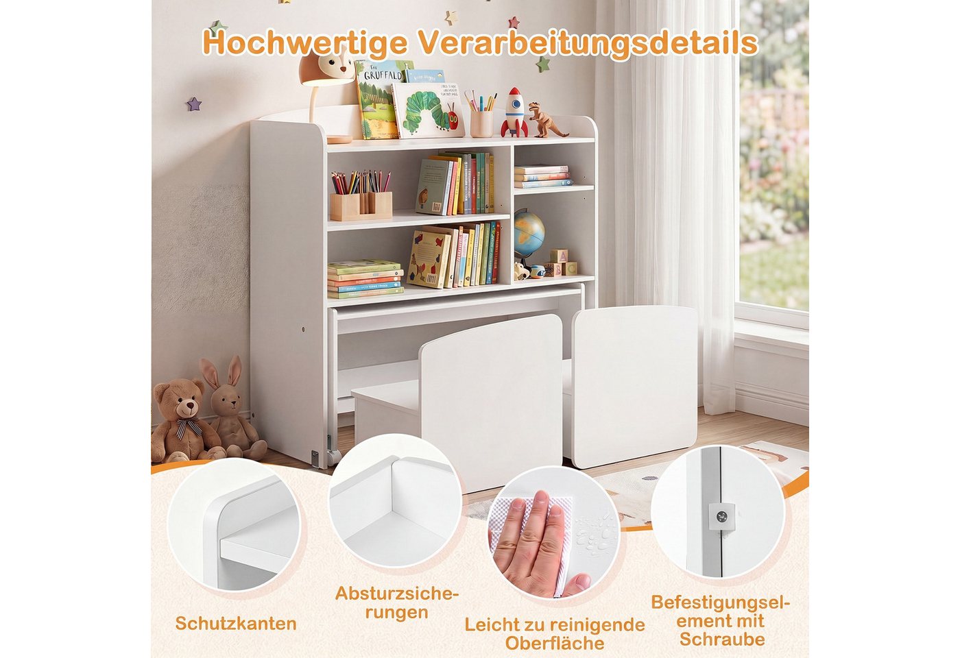 COSTWAY Kindertisch (4-St), 3 in 1 Kinderregal mit Tisch auf Rollen, 2 Stuhl – Bild 5 von 5