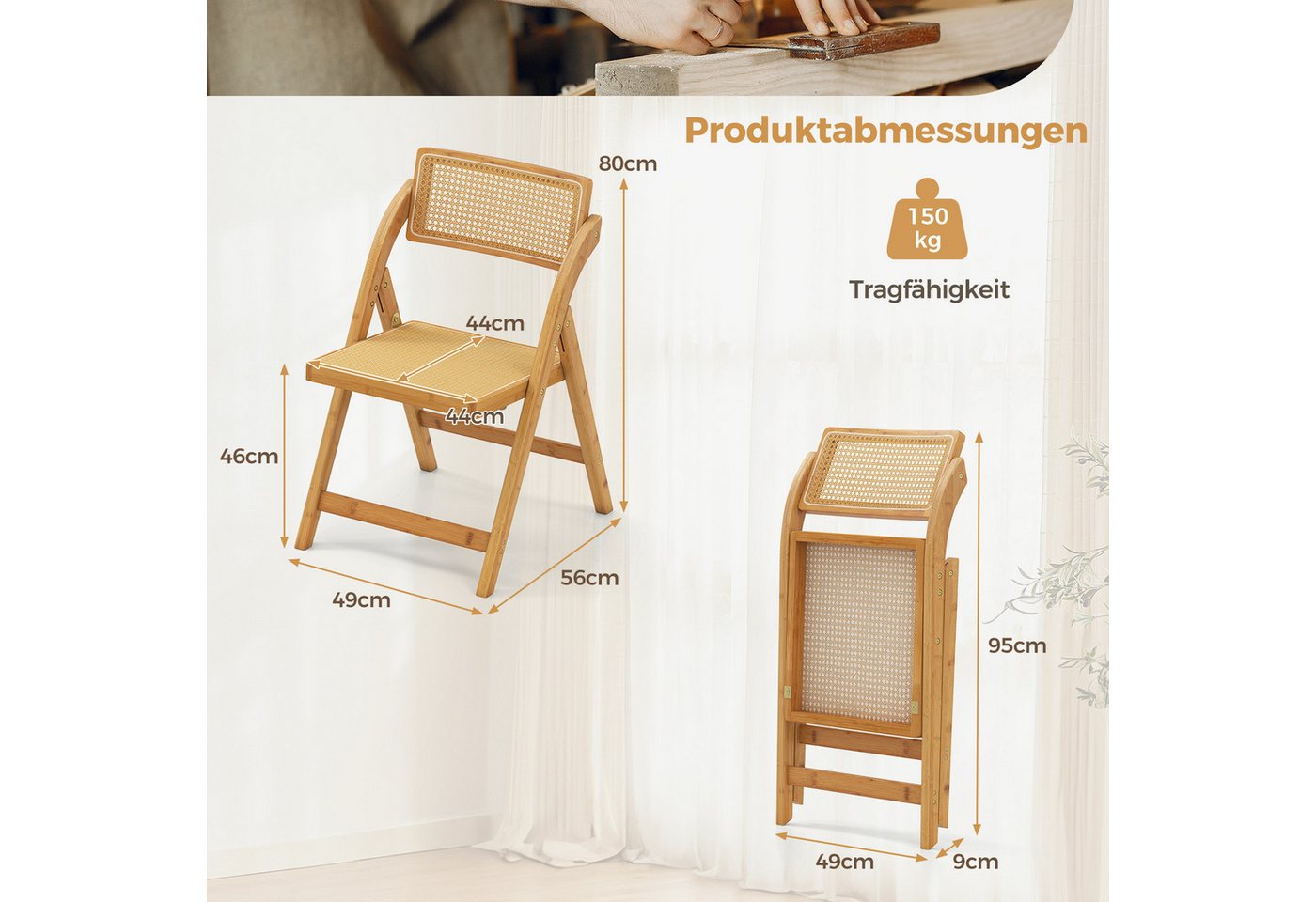 COSTWAY Klappstuhl 2er Set Esszimmerstühle, klappbar, Bambus 150kg – Bild 5 von 5