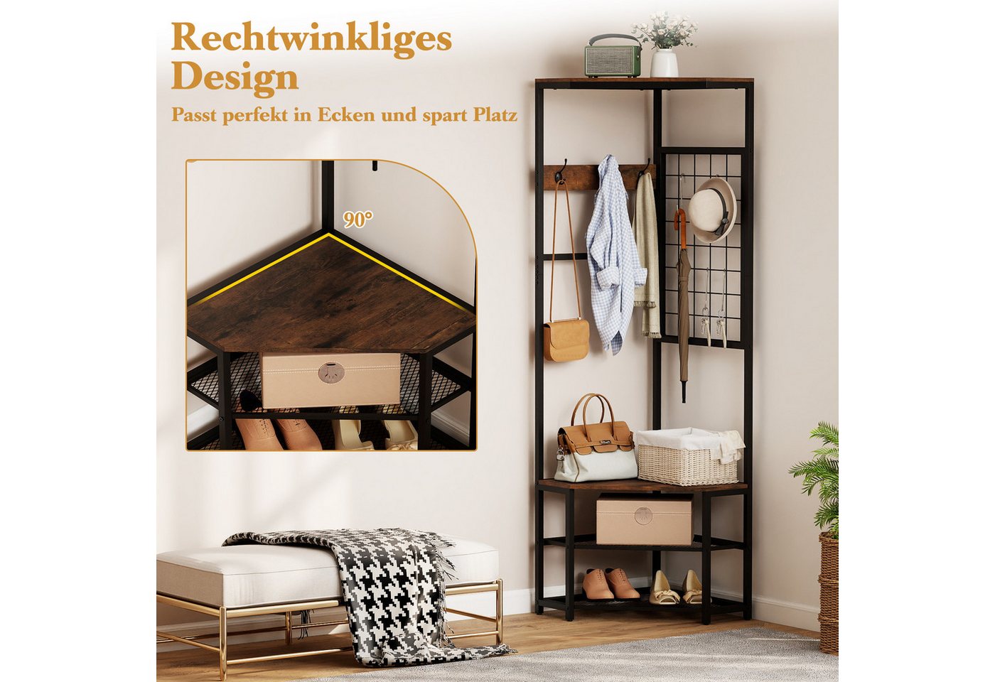 COSTWAY Kleiderständer, Eckgarderobe fur flur, Garderobenständer metall – Bild 4 von 5