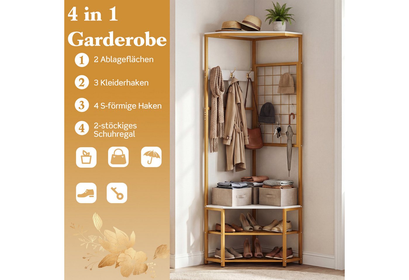 COSTWAY Kleiderständer, Eckgarderobe fur flur, Garderobenständer metall – Bild 5 von 5