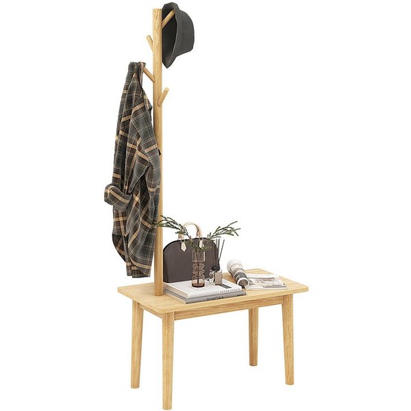 COSTWAY Kleiderständer, 3 in 1, mit Schuhbank & 3 Haken, Massivholz, 168cm