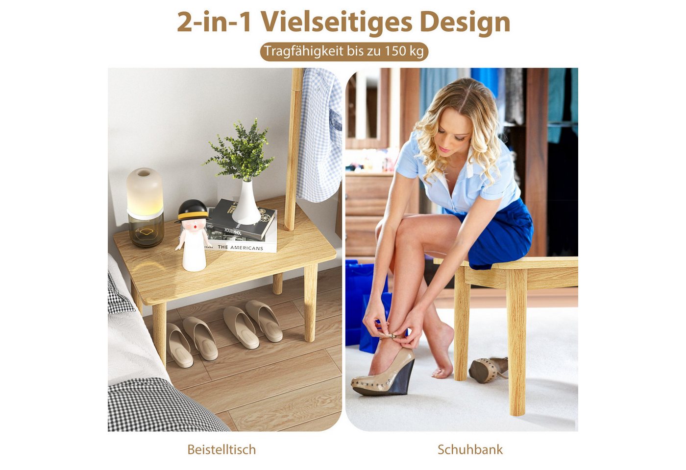 COSTWAY Kleiderständer, 3 in 1, mit Schuhbank & 3 Haken, Massivholz, 168cm – Bild 2 von 5