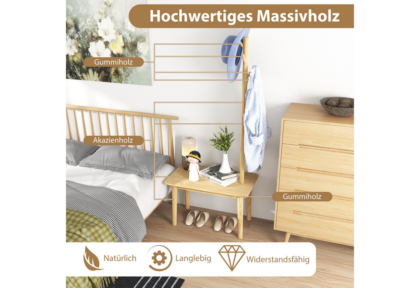 COSTWAY Kleiderständer, 3 in 1, mit Schuhbank & 3 Haken, Massivholz, 168cm – Bild 4 von 5