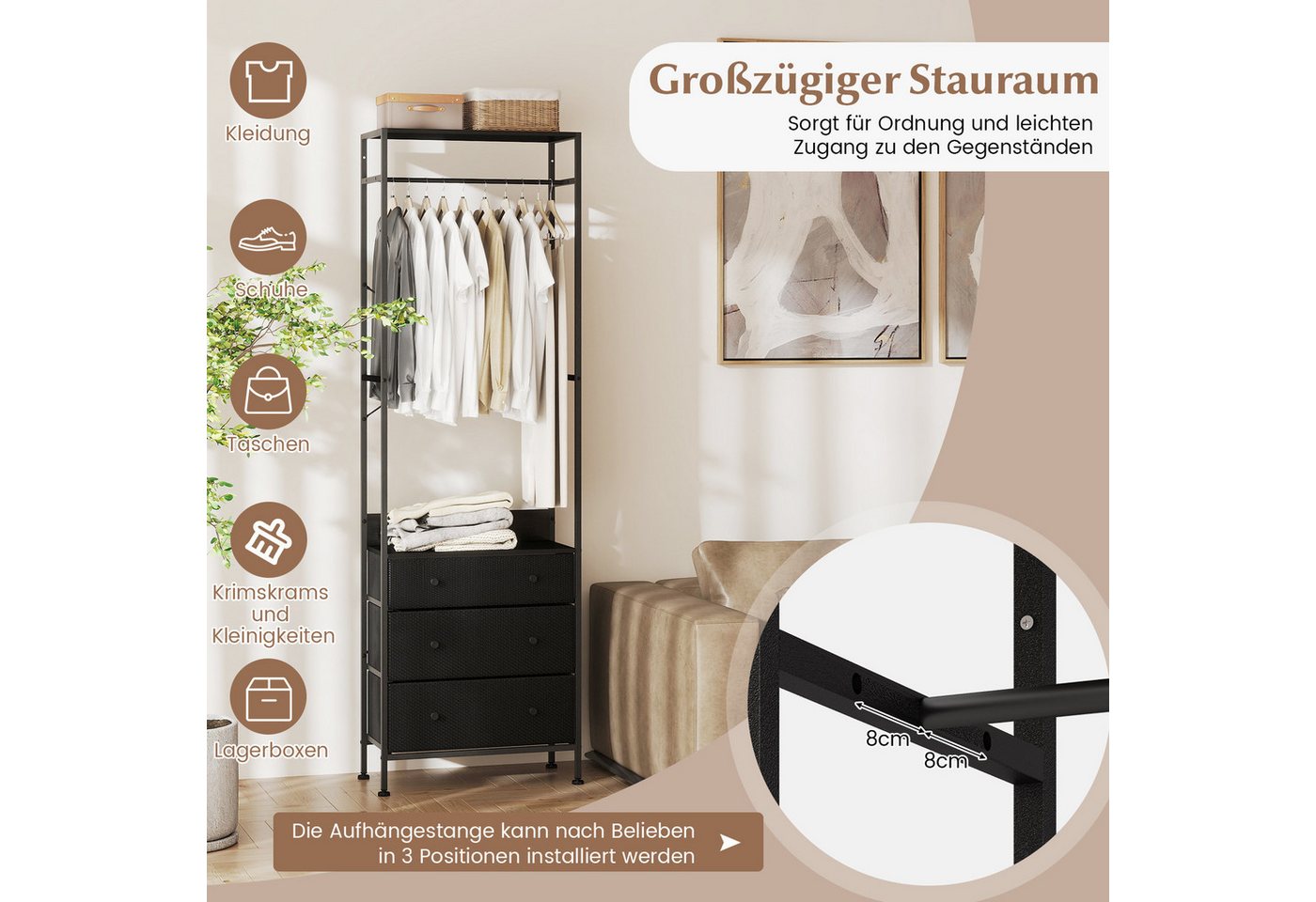 COSTWAY Kleiderständer, mit 3 Schubladen, Hängestange & Ablagen, Metall – Bild 4 von 5
