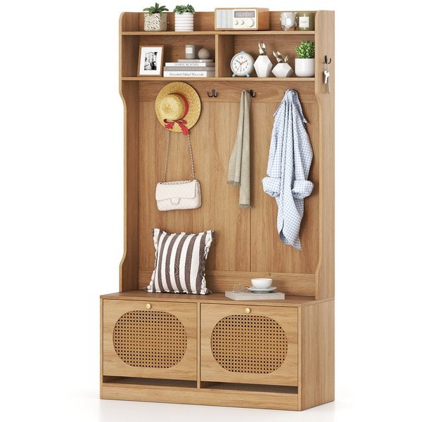 COSTWAY Kleiderständer, Holz, mit Schuhbank, Klappschubladen, Garderobe Natur
