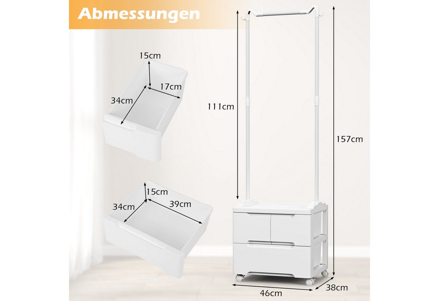 COSTWAY Kleiderständer mit 3 Schubladen, Stange & Haken, auf Rollen,46x38x157cm – Bild 5 von 5