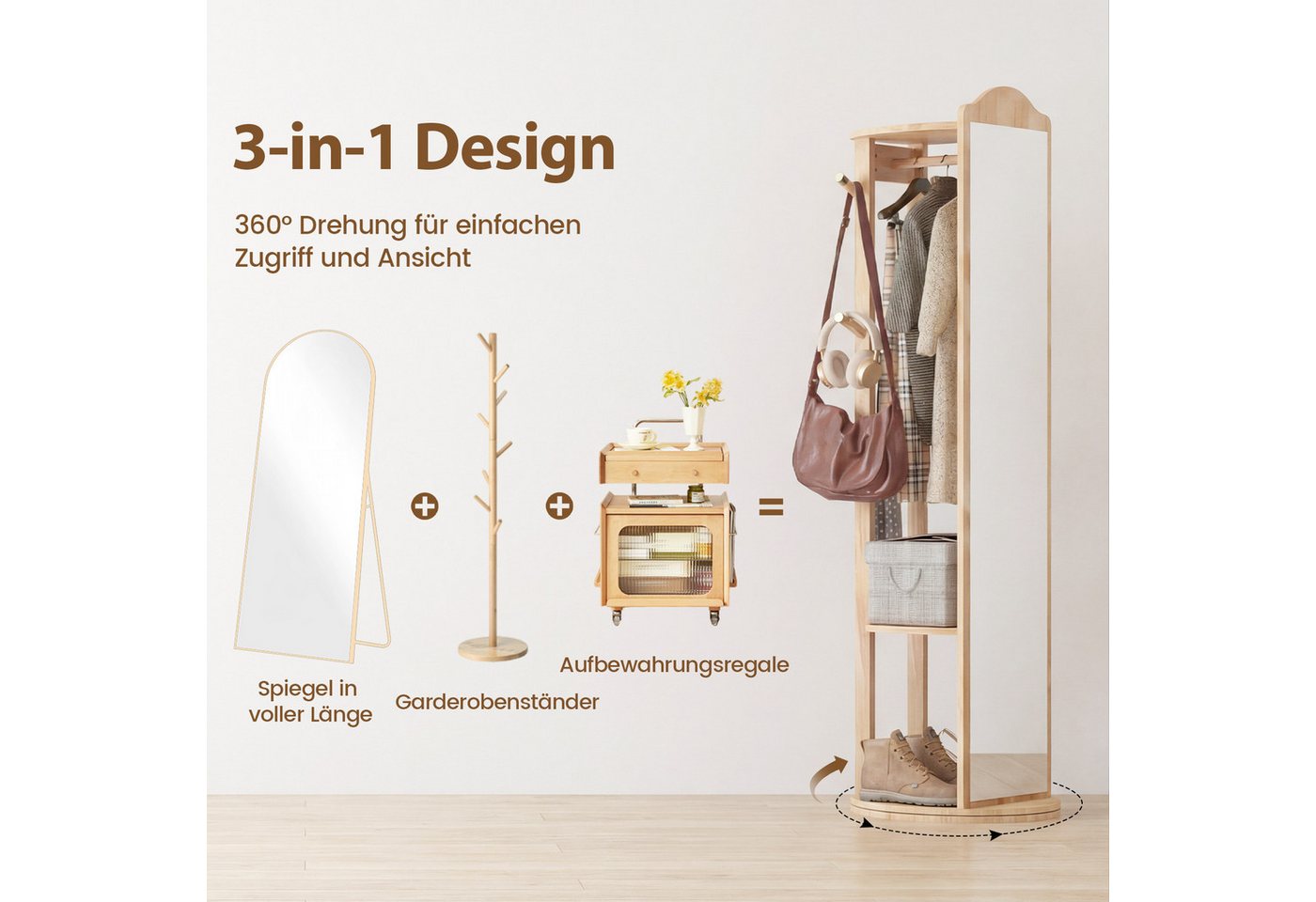 COSTWAY Kleiderständer, mit Ganzkörperspiegel, 4 Haken, Ablagen, drehbar Holz – Bild 3 von 5
