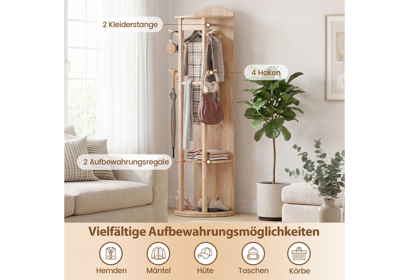 COSTWAY Kleiderständer, mit Ganzkörperspiegel, 4 Haken, Ablagen, drehbar Holz – Bild 4 von 5