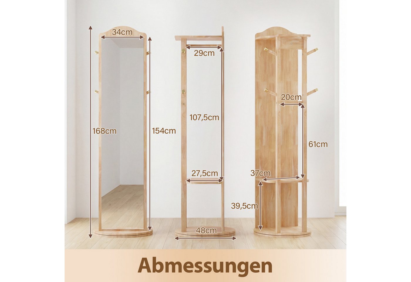 COSTWAY Kleiderständer, mit Ganzkörperspiegel, 4 Haken, Ablagen, drehbar Holz – Bild 5 von 5